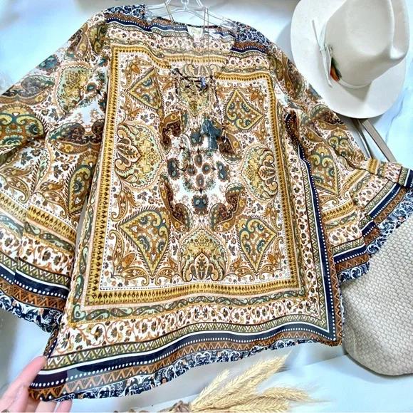 Anthropologie Fig & Flower boho blouse Gypsy southwestern vibe w bell sleeves - Picture 5 of 14